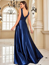 Blue V-neck Satin A-line Prom Dress